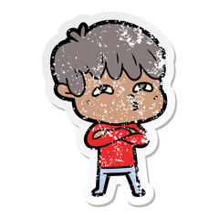 distressed sticker of a cartoon curious man