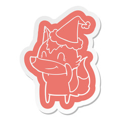 friendly cartoon  sticker of a wolf wearing santa hat