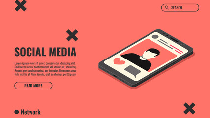 Social media concept, isometric illustration, smartphone and social network page with girl's photo. Landing page template. Vector illustration