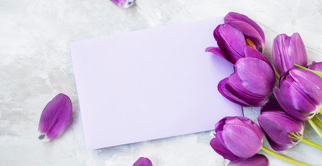 Spring tulips bouquet with card label , women's or mother's day holiday greeting with copy space label card, beautiful spring holidays card with purple tulips