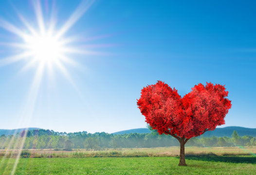 fantasy valentines landscape with red tree in shape of heart