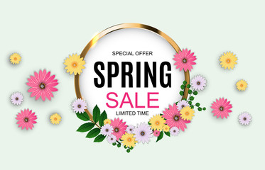 Spring Sale Cute Background with Colorful Flower Elements. Vector Illustration