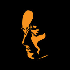 Sad woman face in contrast light. Portrait silhouette in backlight. Illustration.