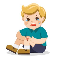 A Boy holding painful wounded leg knee scratch with blood drips. Child broken knee. Bleeding knee injury pain. Kid crying with scraped knee. vector illustration.
