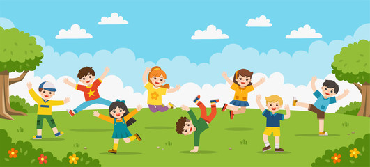 Obraz na płótnie Canvas Children's activities. Happy children are jumping on the park.Template for advertising brochure.
