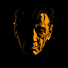 Old man face portrait silhouette in contrast light. Illustration.