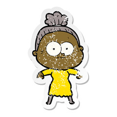 distressed sticker of a cartoon happy old woman