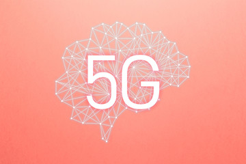 5G network wireless systems and internet of things. Artificial intelligence, machine and deep learning, neural networks and another modern technologies. Minimal creative idea on coral background