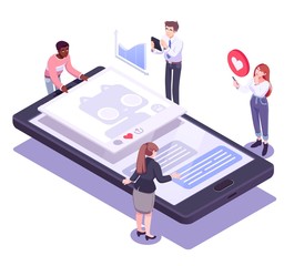 Flat isometric vector concept of social media network, digital communication, chatting