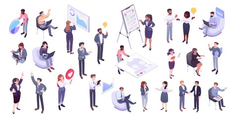 Isometric illustration of office workers and business people: business management, online communication and finance concept