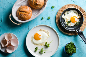 Breakfast with fried eggs.