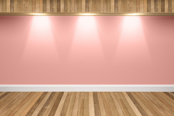 Pink colors wall & wood floor interior with light spots,3D illustration