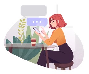 Young Woman Using Smartphone Working And Drinking Coffee At Outdoor Cafe. Girl Browsing Internet, Chatting, Blogging