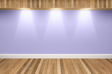 Purple colors wall & wood floor interior with light spots,3D illustration