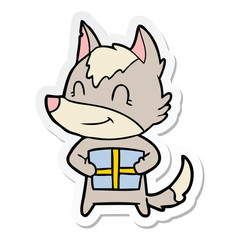 sticker of a friendly cartoon wolf