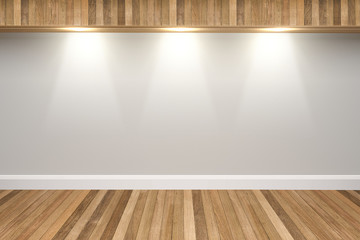 White colors wall & wood floor interior with light spots,3D illustration