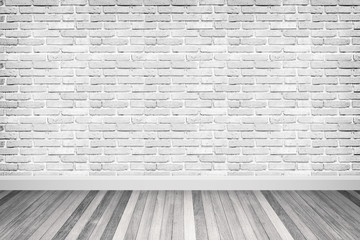 White grunge brick wall and wood floor interior for blackdrop background,3D illustration