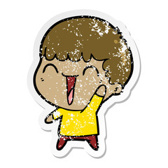 distressed sticker of a cartoon happy man