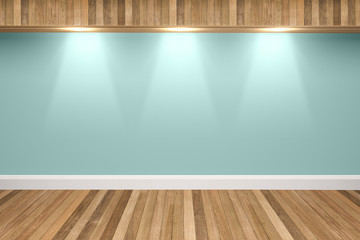 Green mint colors wall & wood floor interior with light spots,3D illustration