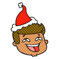 happy comic book style illustration of a male face wearing santa hat