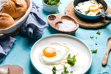 Breakfast with fried eggs.