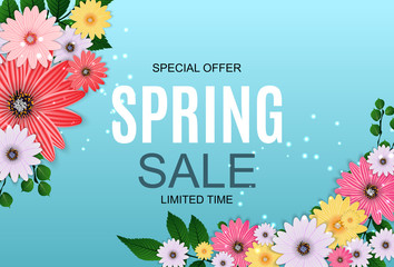 Spring Sale Cute Background with Colorful Flower Elements. Vector Illustration