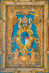 Pope Gregory XVI coat of arms from the ceiling of the Basilica of San Sebastiano Fuori Le Mura, in Rome, Italy.