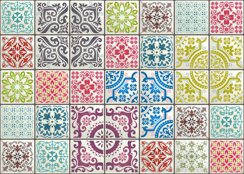 Seamless patchwork tile with Victorian motives. Majolica pottery tile, colored azulejo, original traditional Portuguese and Spain decor. Trend illustration for print wallpaper, fabric, paper and more