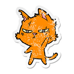 distressed sticker of a tough cartoon cat