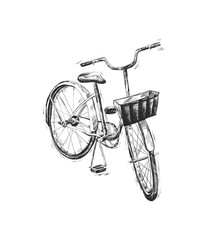 Vector hand drawn illustration of city bicycle in ink hand drawn style. Bike with step-through frame, pannier rack and front wicker basket.