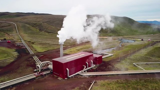Drone aerial over the Krafla geothermal power plant in Iceland where clean electricity is generated.