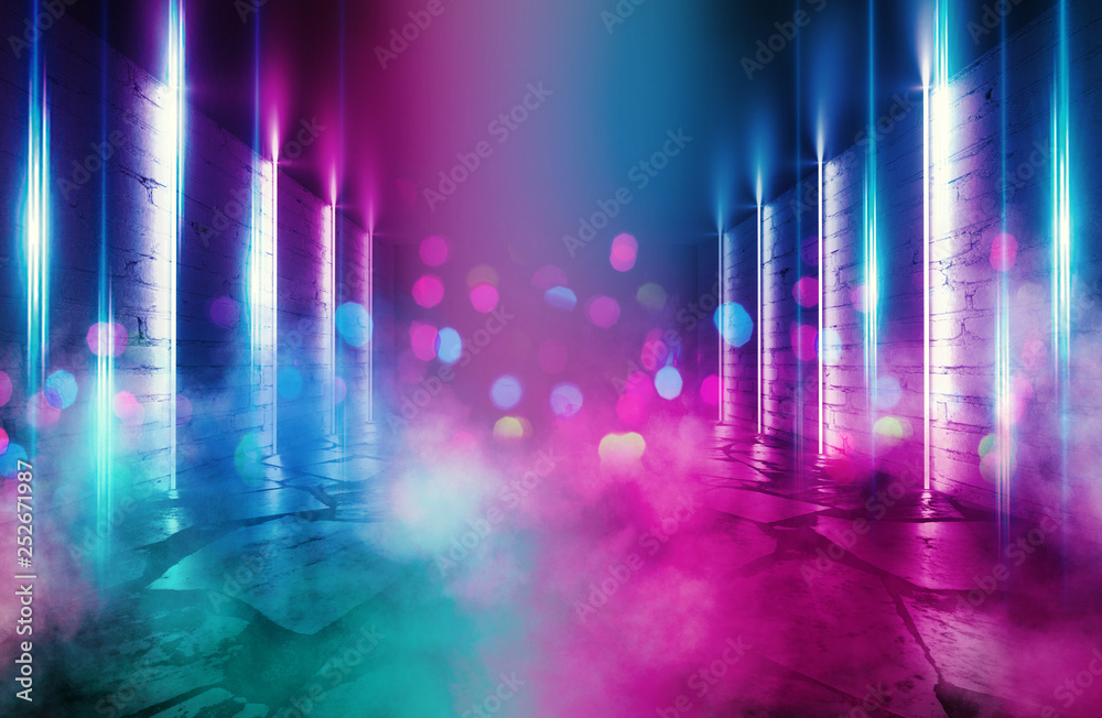 Poster background of an empty room with brick walls and neon lights, laser lines and multi-colored smoke