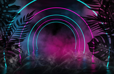 Background of an empty room with brick walls and neon lights. Silhouettes of tropical leaves, colorful smoke © Laura Сrazy
