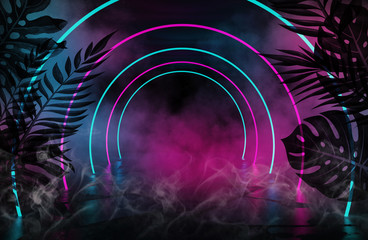 Background of an empty room with brick walls and neon lights. Silhouettes of tropical leaves, colorful smoke