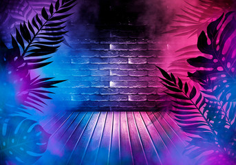 Background of an empty room with brick walls and neon lights. Silhouettes of tropical leaves, colorful smoke - obrazy, fototapety, plakaty