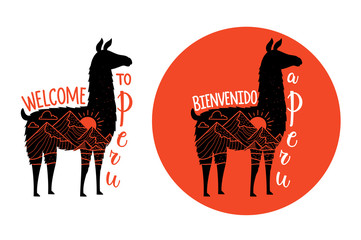 Vector illustration set with llama animal silhouette and lettering spanish phrase - Bienvenido a Peru and english -Welcome to Peru. - obrazy, fototapety, plakaty