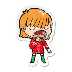 distressed sticker of a cartoon woman talking loudly