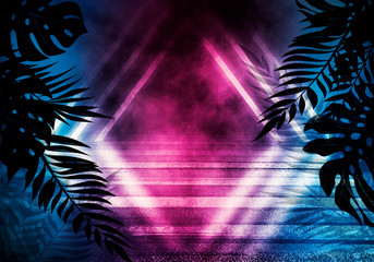 Background of an empty room with brick walls and neon lights. Silhouettes of tropical leaves, colorful smoke