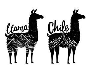 Vector illustration set with farm animal, outdoor mountain landscapes and words Chile and Llama.