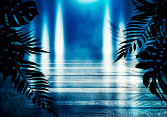 Background of an empty room with brick walls and neon lights. Silhouettes of tropical leaves, colorful smoke