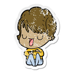 distressed sticker of a cartoon woman talking