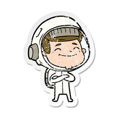 distressed sticker of a happy cartoon astronaut