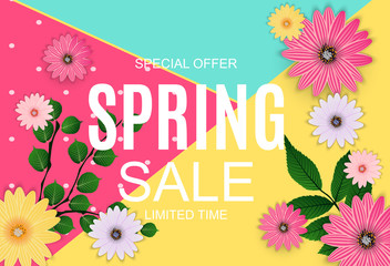Spring Sale Cute Background with Colorful Flower Elements. Vector Illustration