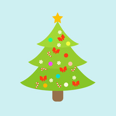 Christmas tree decorated with multi-colored toys. Christmas tree. Winter. New Year. Vector illustration. EPS 10.