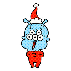 happy comic book style illustration of a alien wearing santa hat