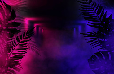 Background of an empty room with brick walls and neon lights. Silhouettes of tropical leaves, colorful smoke