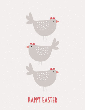 Happy Easter Lovely Abstract Vector Card. Folk Role Style Easter Illustration. 3 Funny Hens on a Light Beige Grunge Background. Cute Nursery Art. Pastel Color Design with Hand Drawn Chickens. © Magdalena