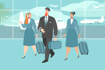 Obraz premium Vector illustration of an airplane crew at the airport