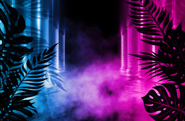 Fototapeta Background of an empty room with brick walls and neon lights. Silhouettes of tropical leaves, colorful smoke obraz