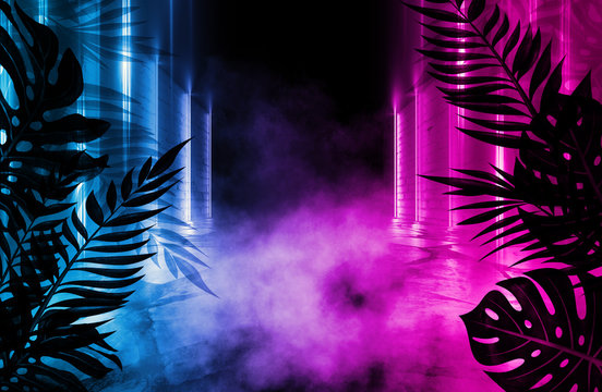 Background of an empty room with brick walls and neon lights. Silhouettes of tropical leaves, colorful smoke